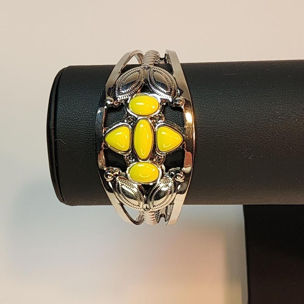 Silver Tone and Yellow Bead Accent Cuff Bracelet Boho Western Statement
